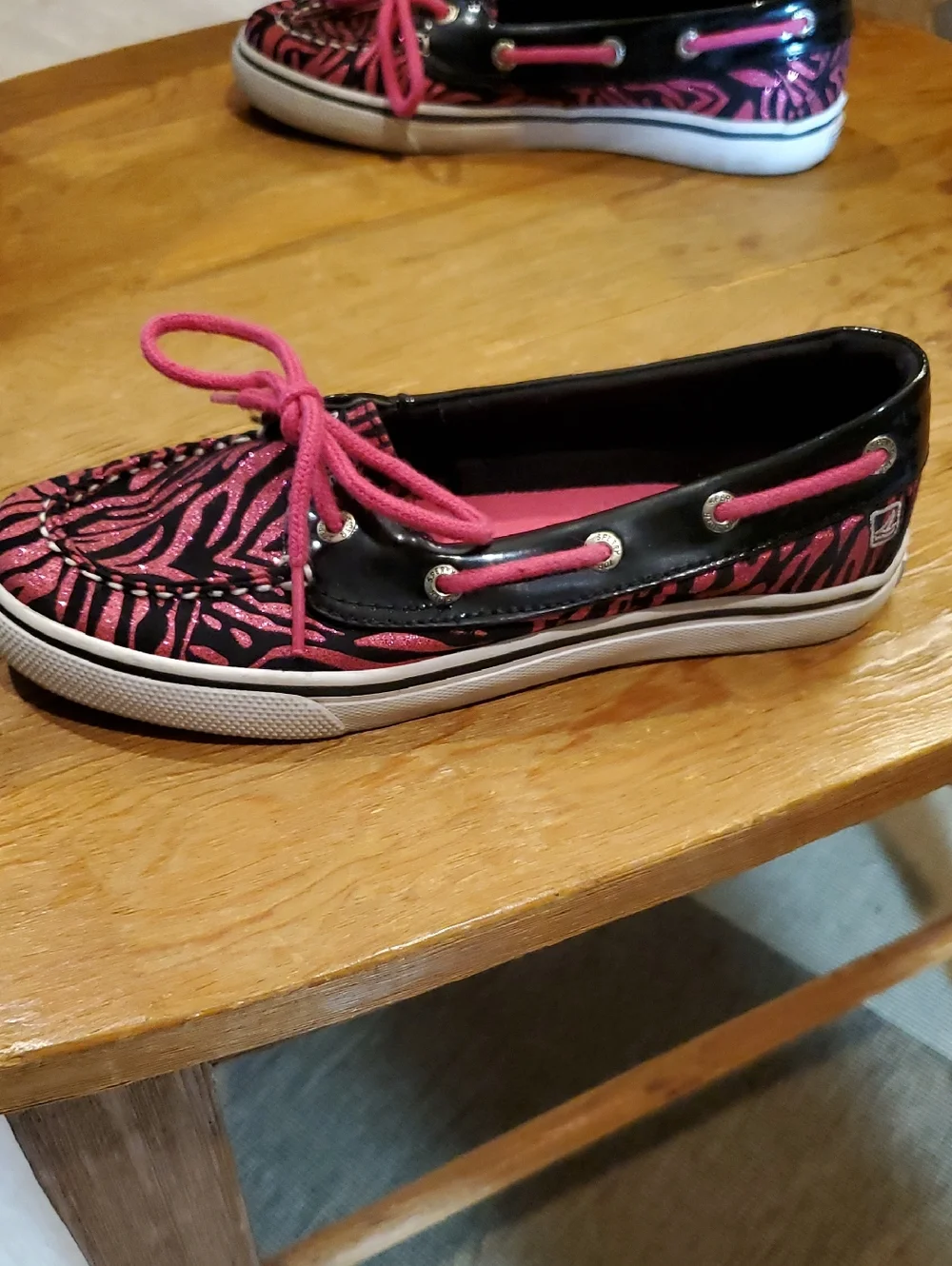 Girl's Size 3 Sperry Sparkly Black and Hot Pink Zebra Boat Shoes